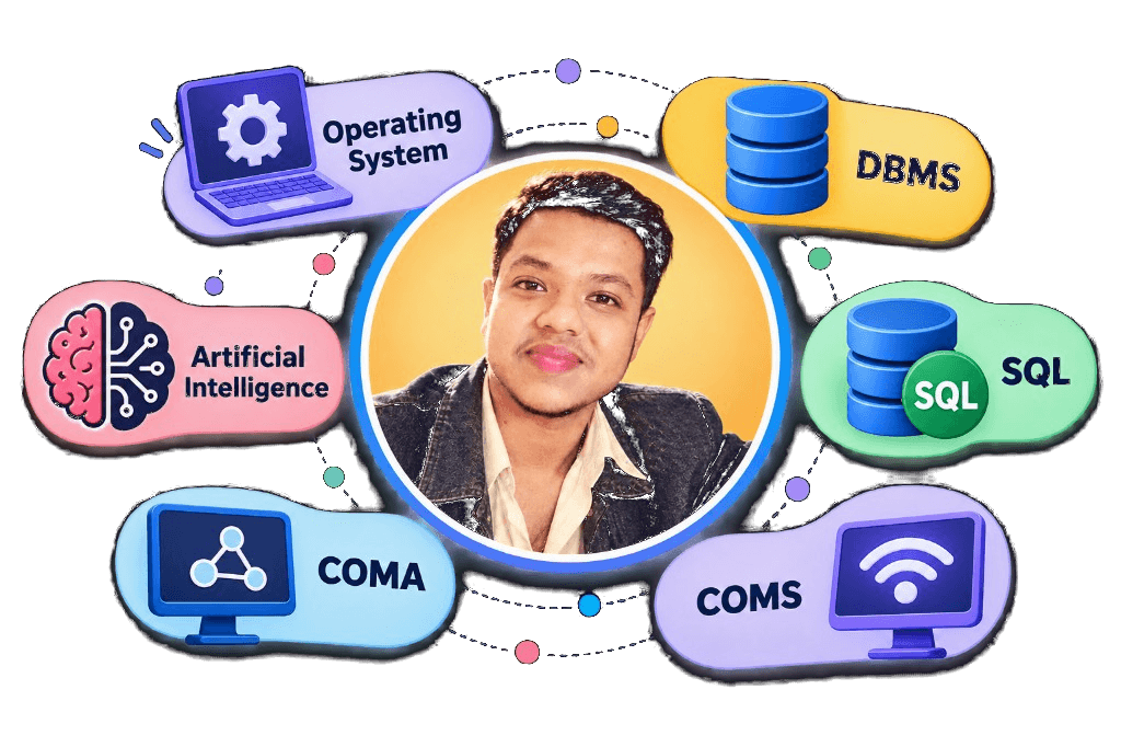 TechJatra HS 2027 course visual featuring the instructor with Operating System, DBMS, Artificial Intelligence, SQL, COMA, and COMS